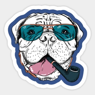 Hipster dog Bullmastiff breed in blue glassess with a pipe Sticker